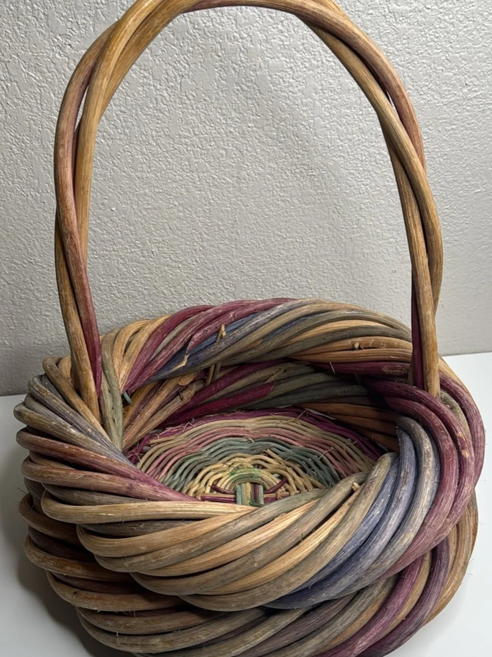 Woven Decorative Basket with Handle in Pink and Natural Tones